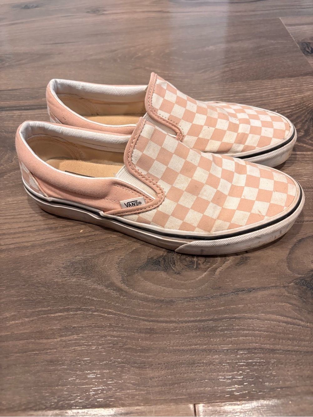 Vans Peach and White Checkerboard Slip-On Sneakers